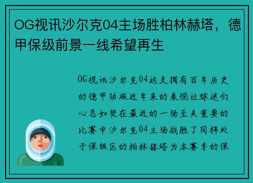 OG视讯沙尔克04主场胜柏林赫塔，德甲保级前景一线希望再生