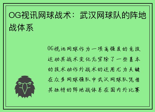 OG视讯网球战术：武汉网球队的阵地战体系