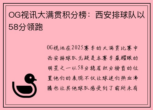 OG视讯大满贯积分榜：西安排球队以58分领跑