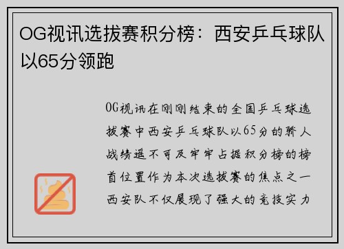 OG视讯选拔赛积分榜：西安乒乓球队以65分领跑